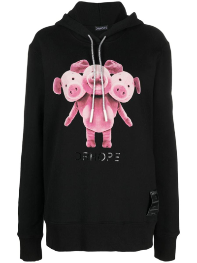 Drhope Three Pigs Printed Hoodie In Black