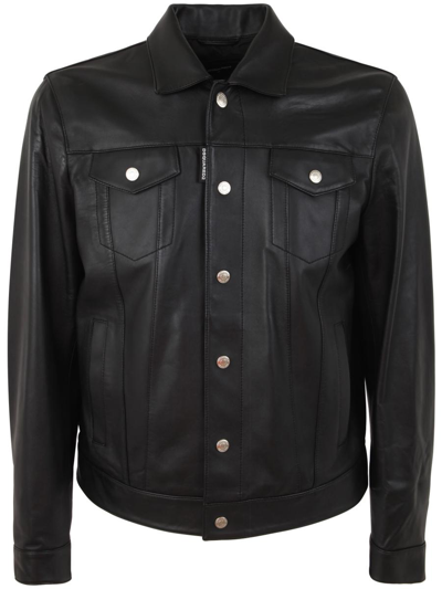 Dsquared2 Leather Dan Jean Jacket In Black