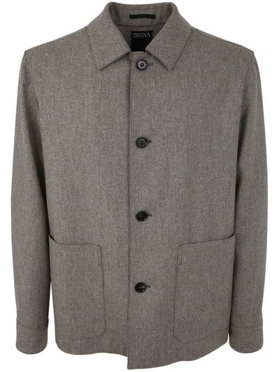 Ermenegildo Zegna Pure Wool Flannel Chore Jacket In Brown