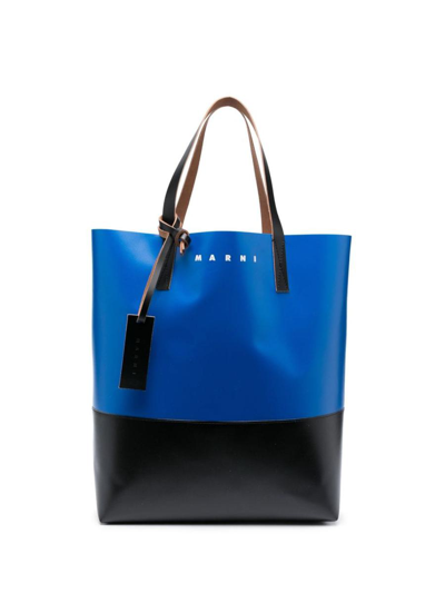 Marni North South Open Tote Bag In Color-blocked With Printed Logo In Royal Black Black