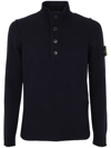 Stone Island High Collar Pullover With Buttoned Placket And Logo Patch In Blue