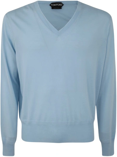 Tom Ford V Neck Cashmere Blend Sweater In Blue