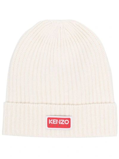Kenzo Logo-patch Knitted Beanie In Neutrals