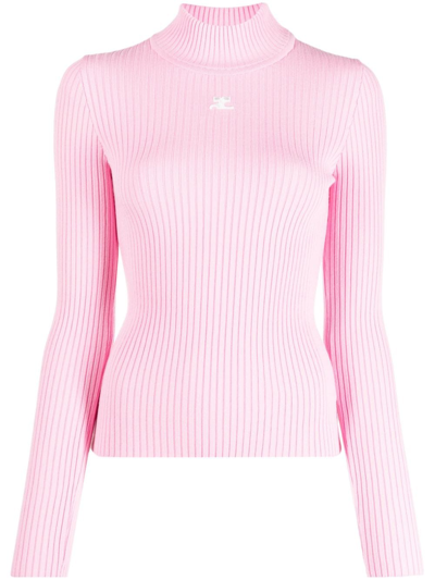 Courrèges 企领罗纹针织粘胶纤维混纺毛衣 In Pink