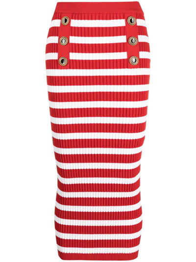 Balmain Striped Ribbed-knit Midi Skirt In Red