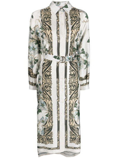 Semicouture Floral-print Belted Shirtdress In White