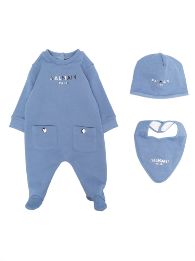 Balmain Babies' Metallic-logo Print Three-piece Set In Blue
