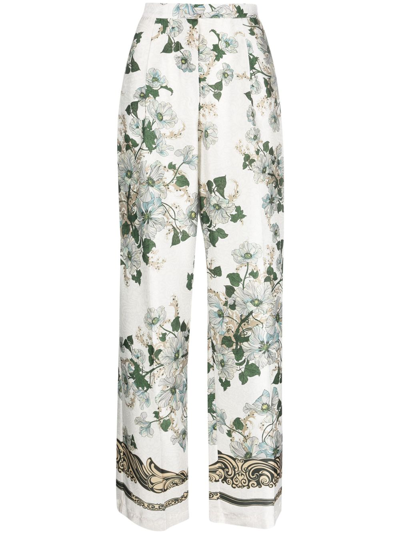 Semicouture Floral-print High-waisted Palazzo Pants In White