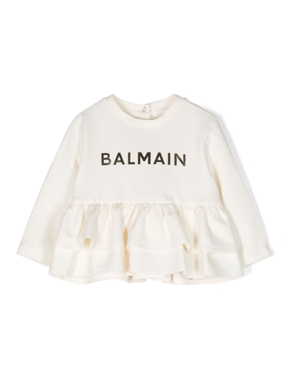 Balmain Babies' Logo-print Long-sleeve T-shirt In Neutrals