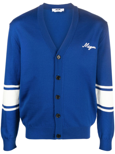Msgm Logo-embroidered Fine-knit Cardigan In Blue