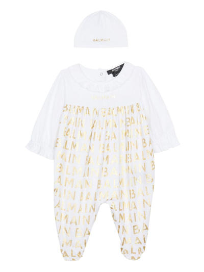 Balmain Jacquard Logo-motif Cotton Babygrow Set In White