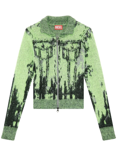 Diesel Maglione Zip Con Trama Effetto Denim In Green