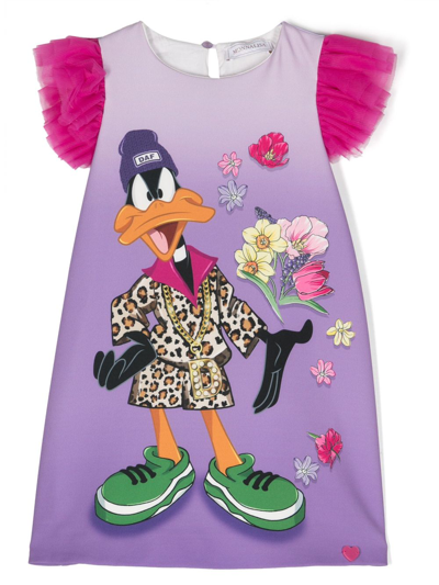 Monnalisa Kids' Daffy Duck Graphic-print Dress In Purple