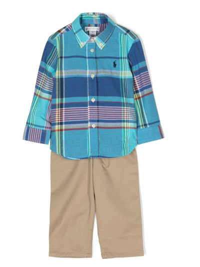 Ralph Lauren Babies' 格纹衬衫与卡其裤套装 In Blue
