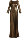 Tadashi Shoji Ruched Metallic Jersey Column Gown In Gold