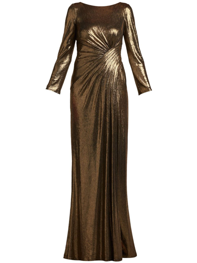Tadashi Shoji Ruched Metallic Jersey Column Gown In Bronze