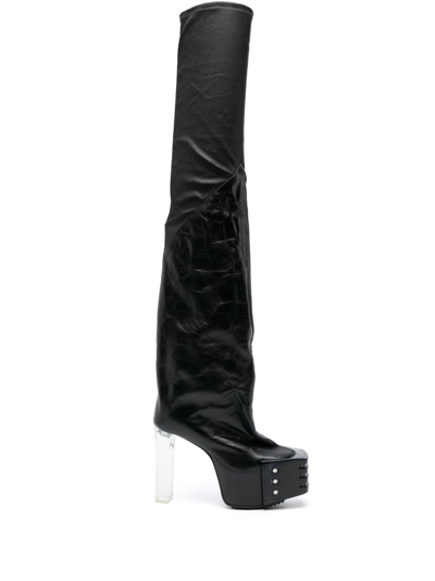 Rick Owens Leather Over The Knee Boots With Platform Sole 12cm In Black