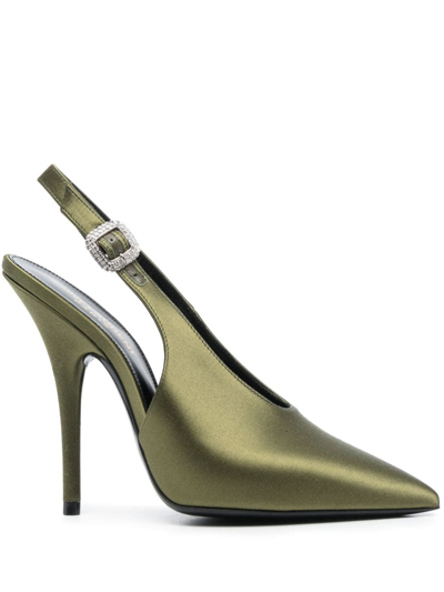 Saint Laurent Perry Crystal Buckle Slingback Pumps In Green