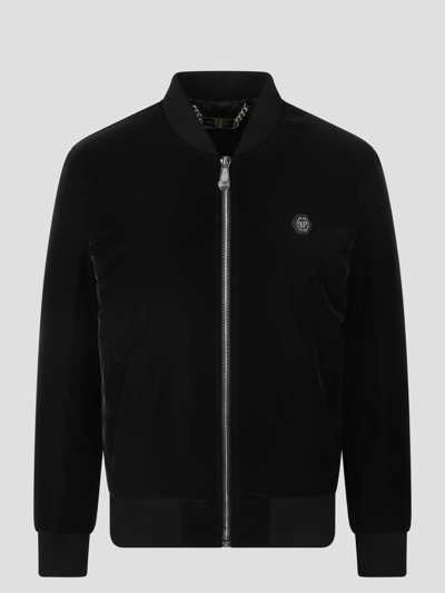 Philipp Plein Logo-patch Zip-up Bomber Jacket In Negro