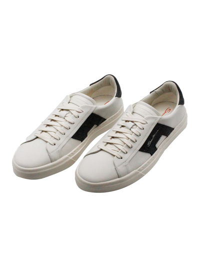 Santoni Sneaker In Soft Calfskin With Side And Back Inserts In Contrasting Color With Logo Lettering. Closin In White
