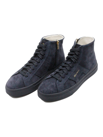 Santoni High-top Sneaker In Soft Suede Calfskin With Side Zip And Laces With Side Logo Lettering In Blu