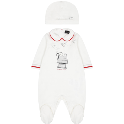 Monnalisa Baby Snoopy Cotton Onesie, Beanie, And Cushion Cover Set In White