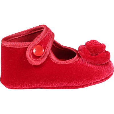 Monnalisa Kids' 玫瑰花装饰天鹅绒芭蕾平底鞋 In Red