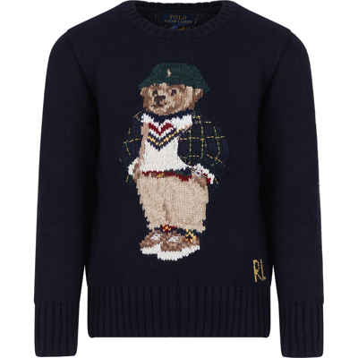 Ralph Lauren Kids' Blue Sweater For Boy With Bear And Logo In Navy