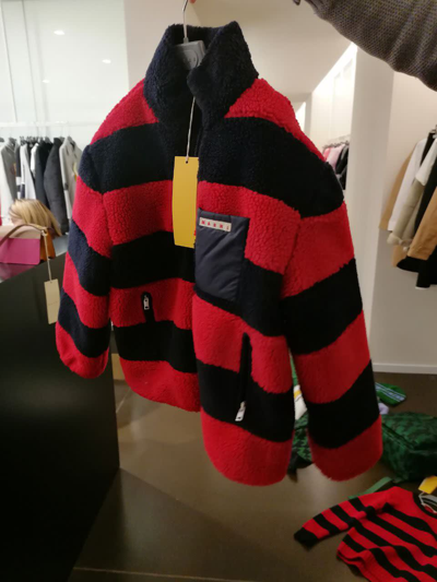 Marni Red Faux Fur Coat For Kids With Logo In Multicolor