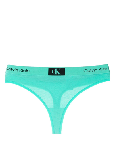 Calvin Klein Logo-waistband Jersey Thong In Green