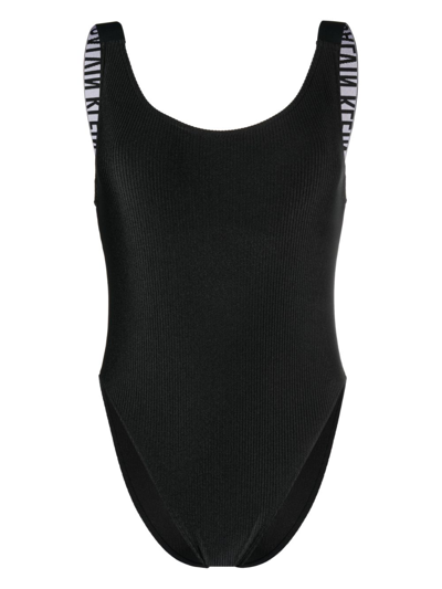 Calvin Klein Logo-tape Ribbed Swimsuit In Black