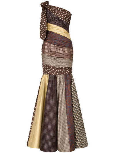 Moschino Patchwork-design One-shoulder Dress In Brown