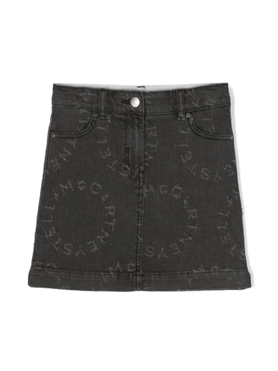 Stella Mccartney Kids' Monogram-pattern Denim Skirt In Black