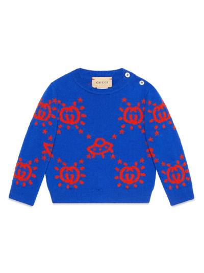 Gucci Babies' Interlocking G Logo Intarsia-knit Jumper In Blue