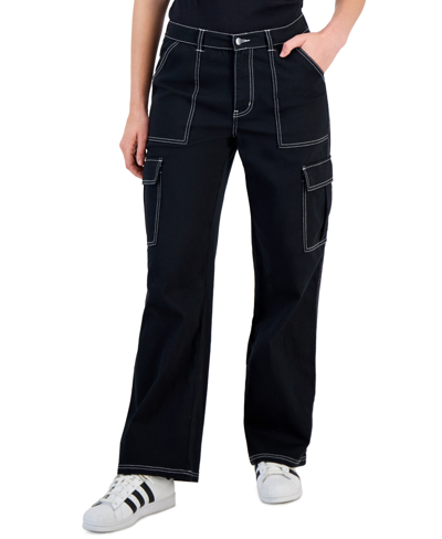 Ultra Flirt Juniors' Wide-leg Comfort Fit Cargo Utility Pants In Black