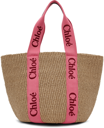 Chloé Beige & Red Mifuko Edition Large Woody Tote In 9r5 Pink - Red 1