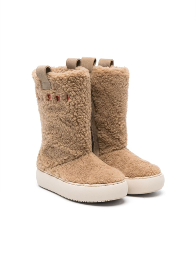 Marni Kids' Faux-shearling Knee-length Boots In Brown