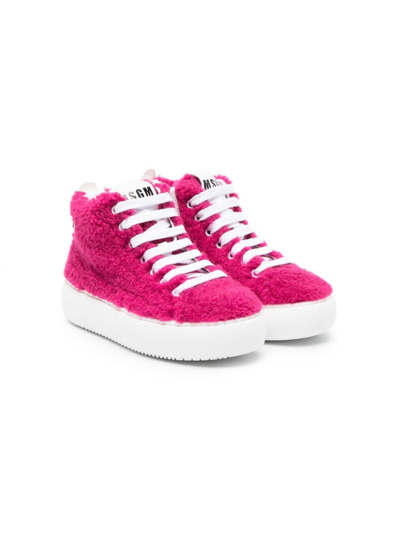 Msgm Kids' Faux-fur High-top Sneakers In Pink