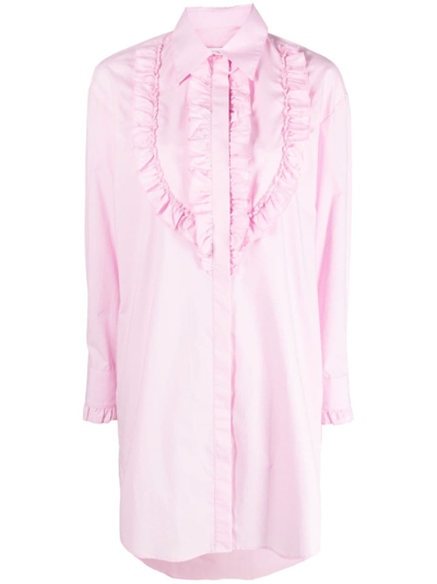 Msgm Ruched-trim Cotton Shirt Dress In Pink