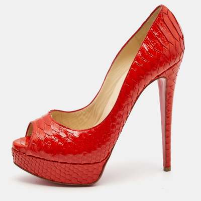 Pre-owned Christian Louboutin Orange Python Lady Peep Pumps Size 39.5