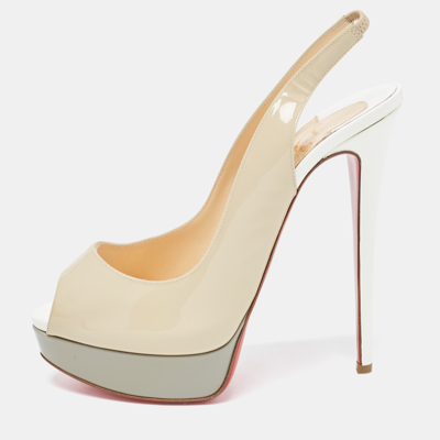 Pre-owned Christian Louboutin Tricolor Patent Leather Lady Peep Slingback Pumps Size 40 In Beige