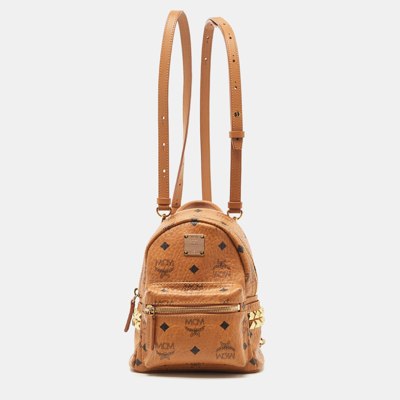 Pre-owned Mcm Tan Visetos Coated Canvas And Leather Mini Studded Stark-bebe Boo Backpack
