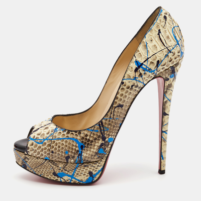 Pre-owned Christian Louboutin Two Tone Python Graffiti Print Lady Peep Pumps Size 40 In Beige