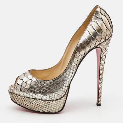 Pre-owned Christian Louboutin Two Tone Python Lady Peep Pumps Size 40 In Silver