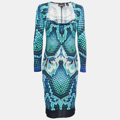 Pre-owned Just Cavalli Blue Snake Print Jersey Long Sleeve Midi Dress M