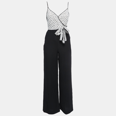 Pre-owned Diane Von Furstenberg Black/white Logo Print Crepe & Silk Wide Leg Back Tie Detail Strappy Jumpsuit Xxs