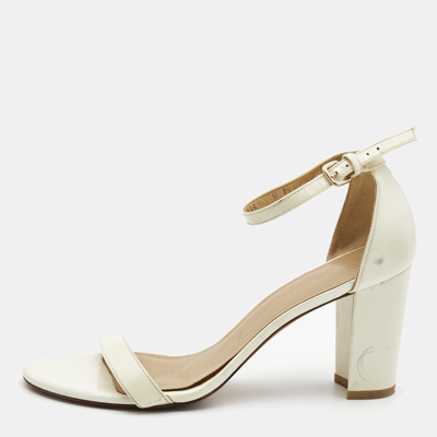 Pre-owned Stuart Weitzman Cream Patent Leather Block Heel Ankle Strap Sandals Size 39.5