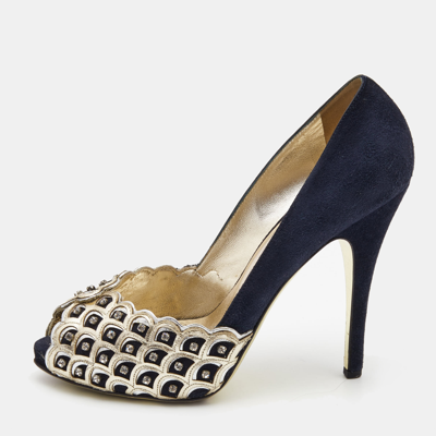 Pre-owned Valentino Garavani Navy Blue /gold Suede And Leather Embellished Pumps Size 37