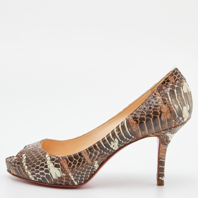 Pre-owned Christian Louboutin Brown Watersnake Leather Very Prive Peep Toe Pumps Size 37