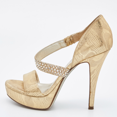 Pre-owned Loriblu Gold Lurex Fabric Crystal Embellished Open Toe Platform Sandals Size 36.5